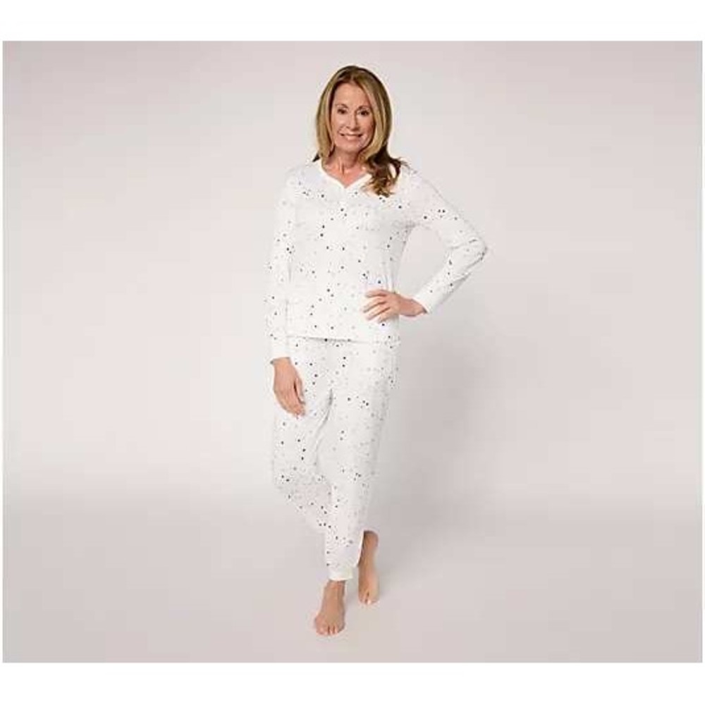 MUK LUKS Petite Cloud Knit Henley Printed Pajama Set White Stary Night PL